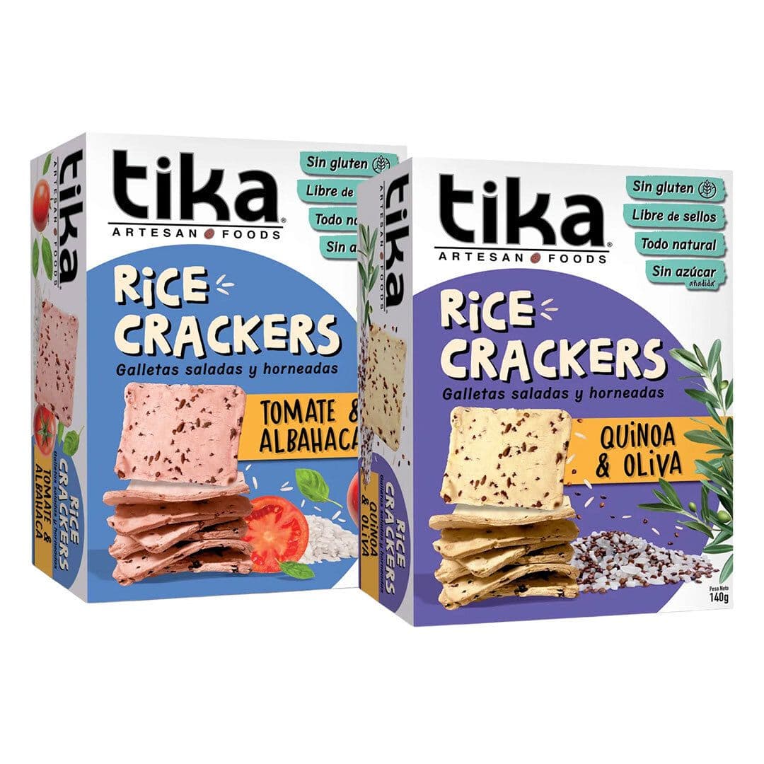 PACK GALLETAS TIKA RICE CRACKERS: 1x Galletas Tika Crackers Quinoa Oliva 140 grs. + 1x Galletas Tika Crackers Tomate y Albahaca 140 grs._1