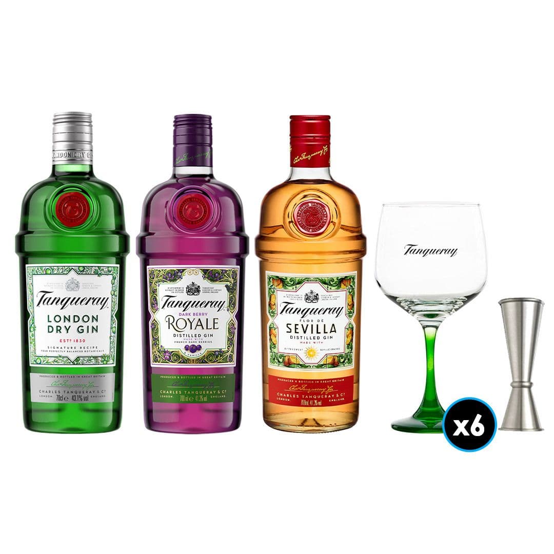 PACK TANQUERAY: 1x Gin Tanqueray 700cc 43.1ºalc.+1x Gin Tanqueray Royale 700cc +1x Gin Tanqueray Sevilla 700cc +6x Copón Vidrio Tanqueray +1x Jigger JW_1