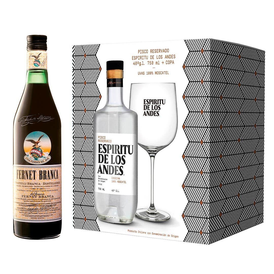 Pack Branca + Kit EDLA: Licor Fernet Branca 750cc + KIT EDLA + COPA: 1x Pisco Espíritu de Los Andes 750cc + 1x Copa_1