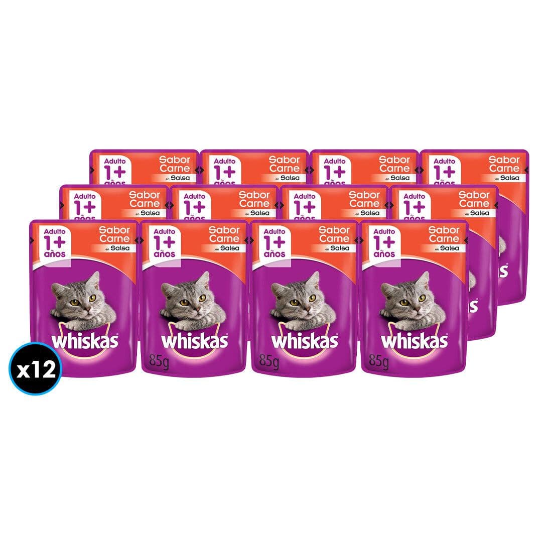 12x Comida de Gato Whiskas Sobre Adultos Carne 85 grs._1