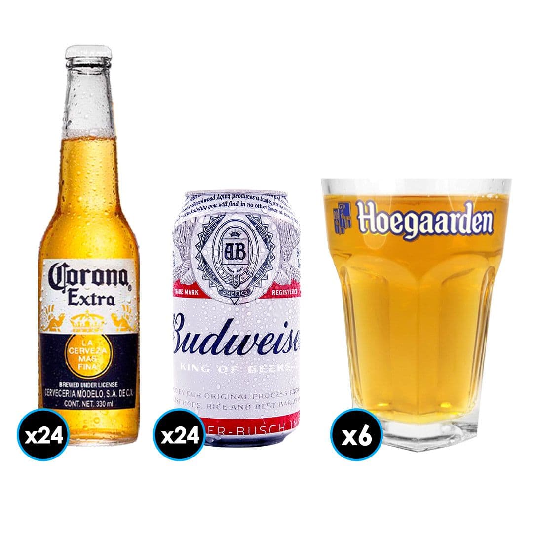 PACK CERVEZA: 24x Cerveza Corona Extra en Botellas 330cc + 24x Cerveza Budweiser en Lata 354cc + 6x Vaso Vidrio Hoegaarden 500cc_1