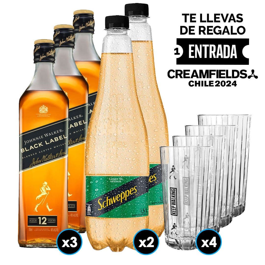 Pack Creamfields Johnnie Walker Black: 3X Whisky Johnnie Walker Black Label 750cc 40º alc. + 2X Bebida Ginger Ale Schweppes Sin Azúcar 1.5 L+ 4X Vaso Highball JW Black_1