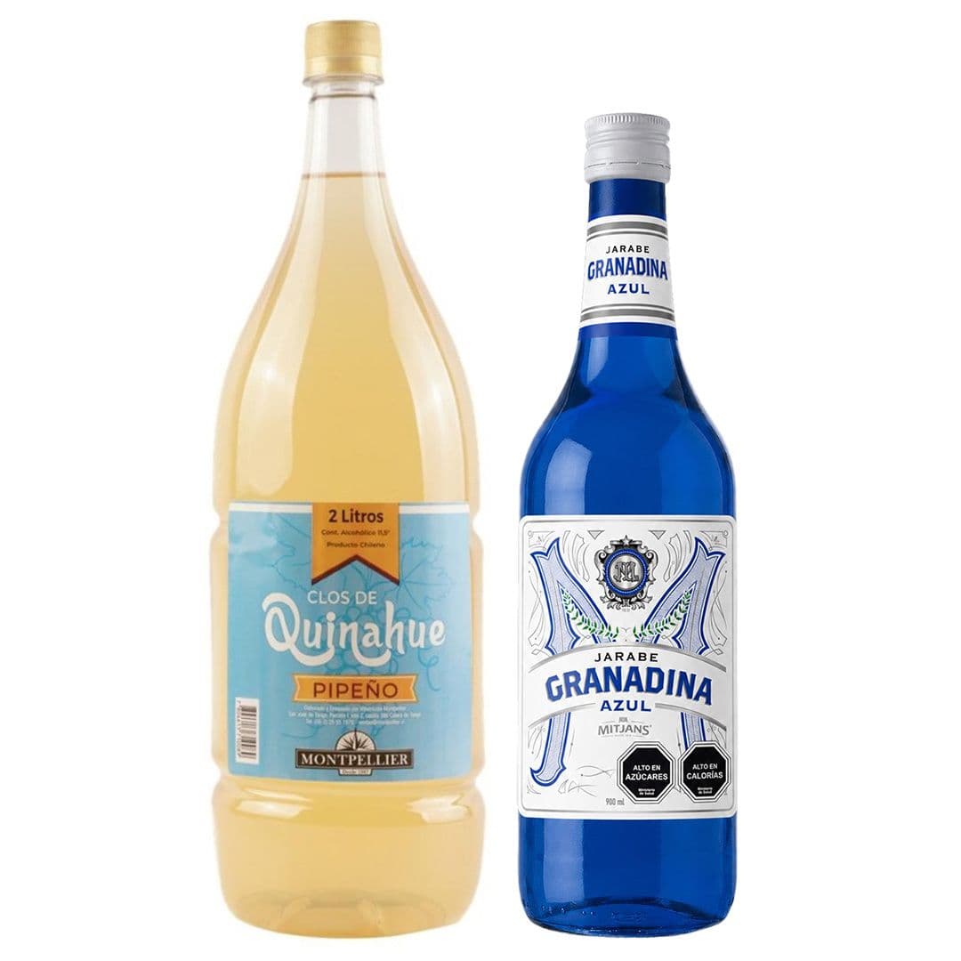 Pack Terremoto 2: Pipeño Montpellier Clos de Quinahue 2 Litros + Jarabe Granadina Mitjans Azul 900 cc_1