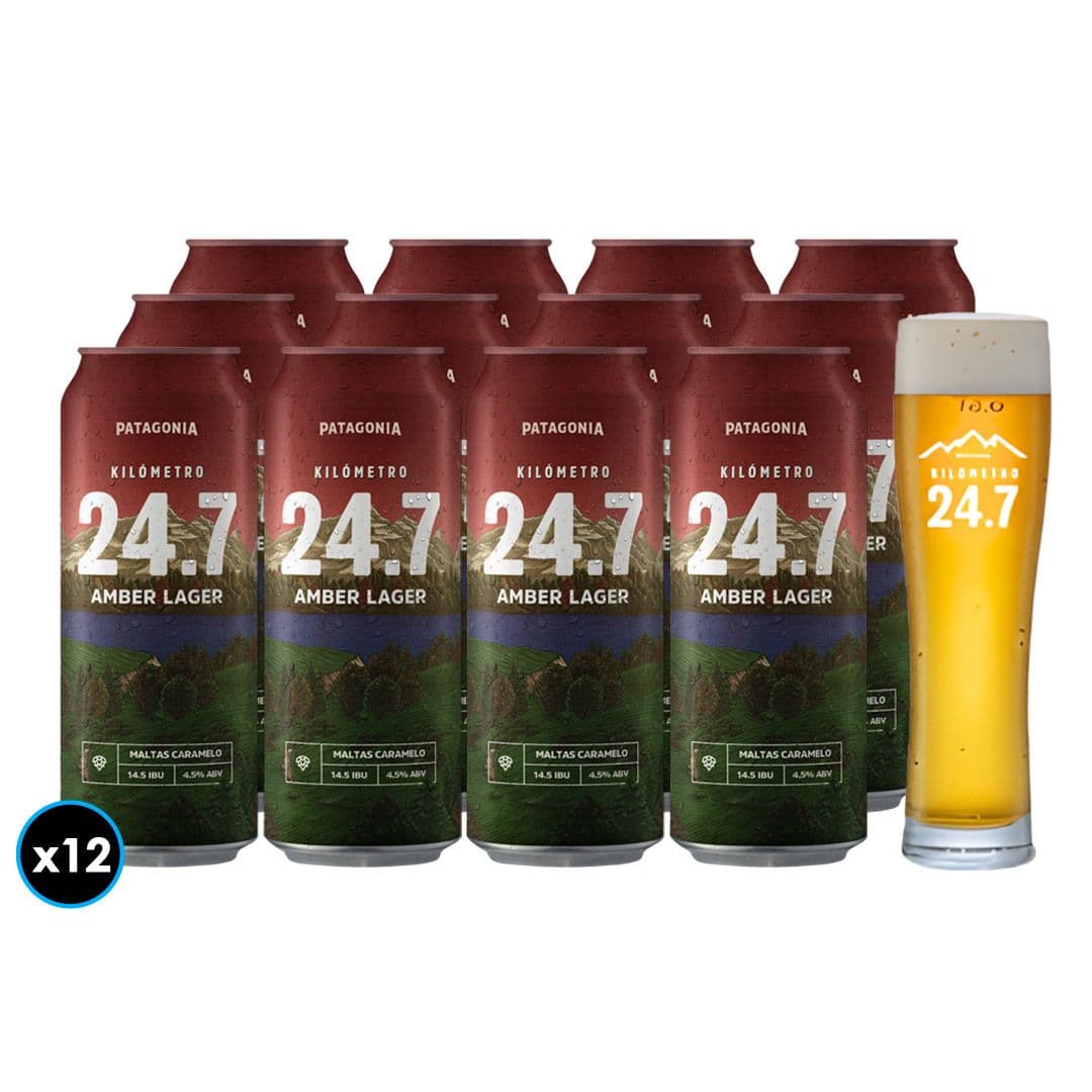 PACK CERVEZA KM 24.7 + 1 VASOS: 12x Cerveza KM 24.7 Amber Lager en Lata 473cc + 1x Vaso KM 24.7 500cc_1