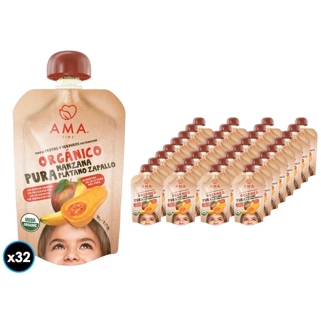 32x Puré Orgánico Ama Manzana Plátano Zapallo 90 gramos_1