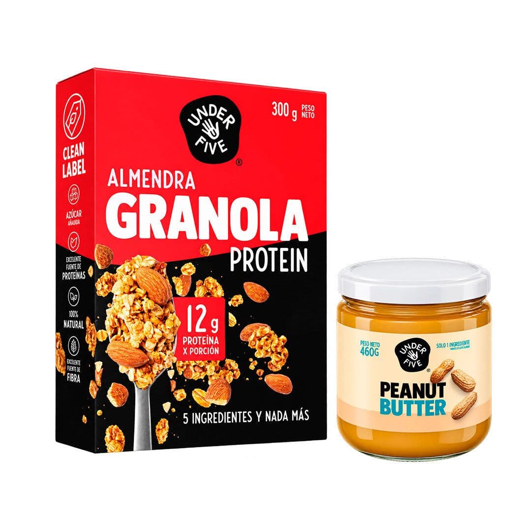 Pack Granola N°2: 1x Granola Proteica Underfive Almendra Crunch 300 grs. + 1x Mantequilla de Mani Underfive 460 grs._1