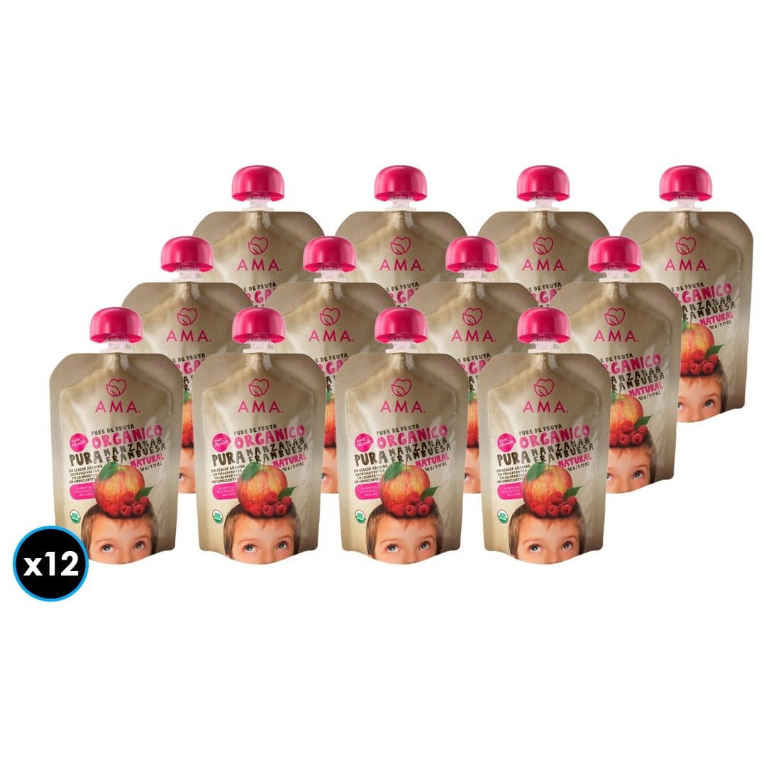 12x Puré Orgánico Ama Manzana Frambuesa 90 gramos_1