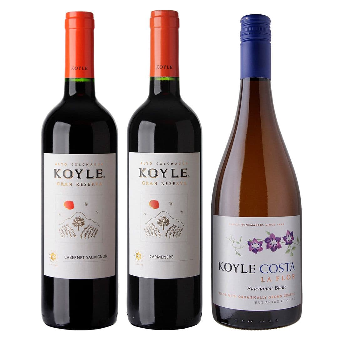 PACK KOYLE N°1: 1x Vino Koyle Gran Reserva Cabernet Sauvignon 750cc + 1x Vino Koyle Gran Reserva Carmenere 750cc + 1x Vino Koyle Costa La Flor Gran Reserva Sauvignon Blanc 750cc_1