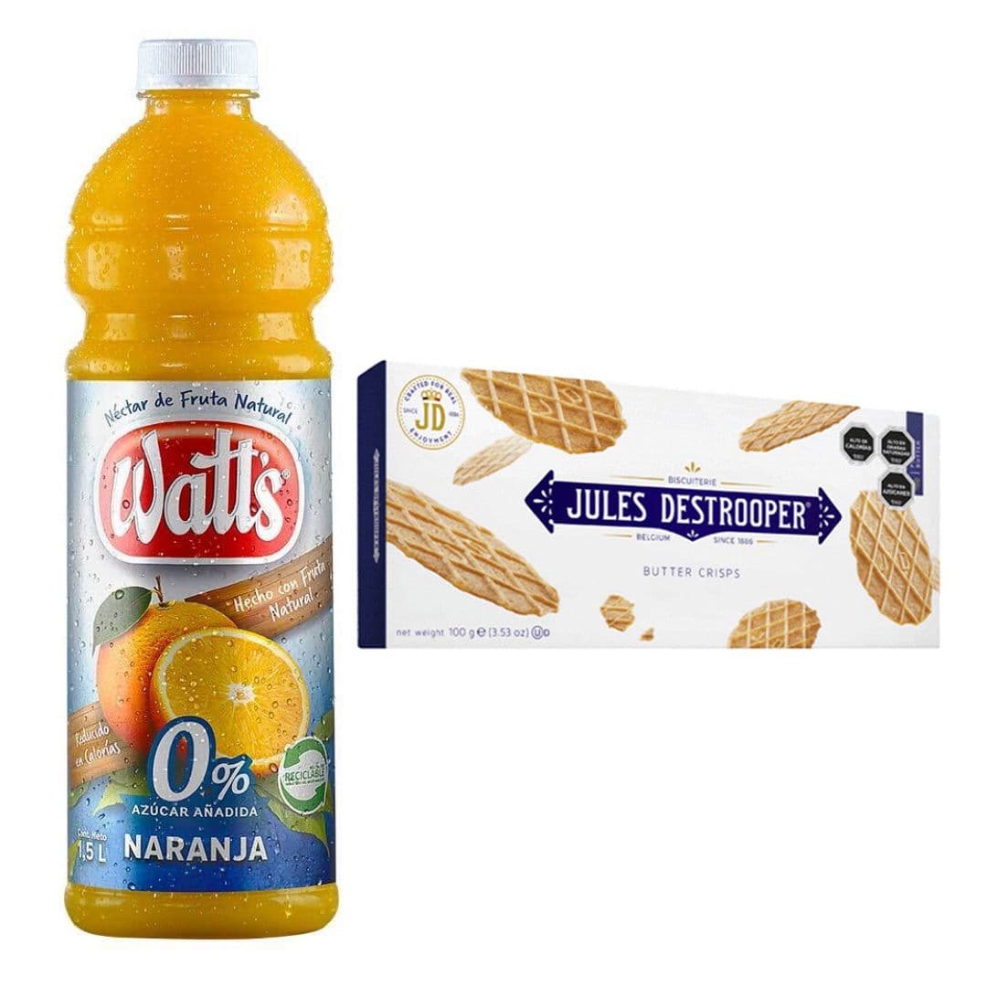 Pack: Jugo Watts Naranja Light 1,5 Litros + Galleta Waffle Jules Destrooper Butter Crisp 100grs_1