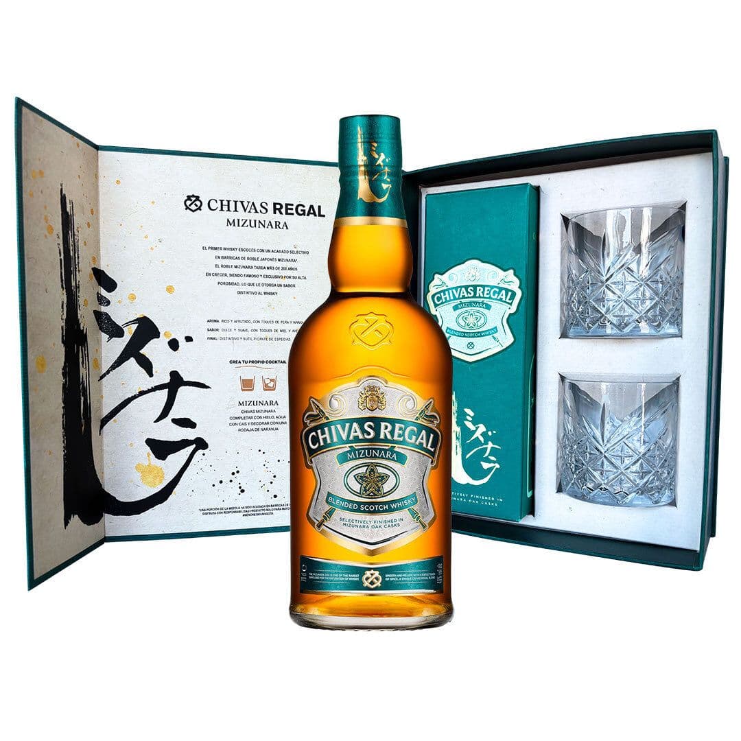 Kit Whisky Chivas Mizunara + 2 Vasos: 1x Whisky Chivas Regal Mizunara 700cc 40°alc. + Caja 2 Vasos._1