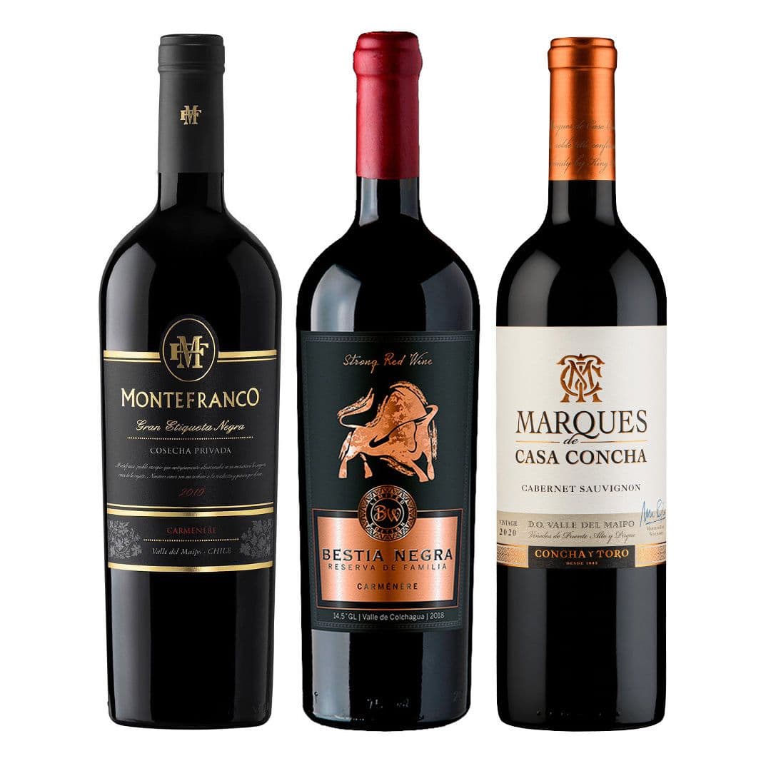 PACK Montefranco/Bestia/Marques Casa Concha: 1x Vino MonteFranco Gran Etiqueta Negra Carmenere 750cc + 1x Vino Bestia Negra Carmenere 750cc + 1x Vino Marques de Casa Concha Cabernet Sauvignon 750cc_1