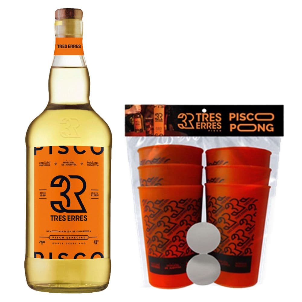 PACK TRES ERRES + KIT PISCO PONG: 1x Pisco Tres Erres 1 Litro 35° alc. + 1x Kit Pisco Pong_1