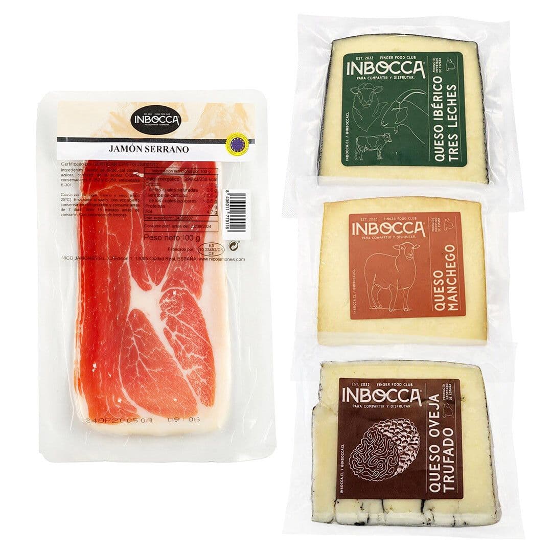 PACK INBOCCA: 1x Jamón Serrano In Bocca 100 grs. + 1x Queso Oveja Trufado In Bocca 150 grs. + 1x Queso Manchego In Bocca 150 grs. + 1x Queso Ibérico Tres Leches In Bocca 150 grs._1