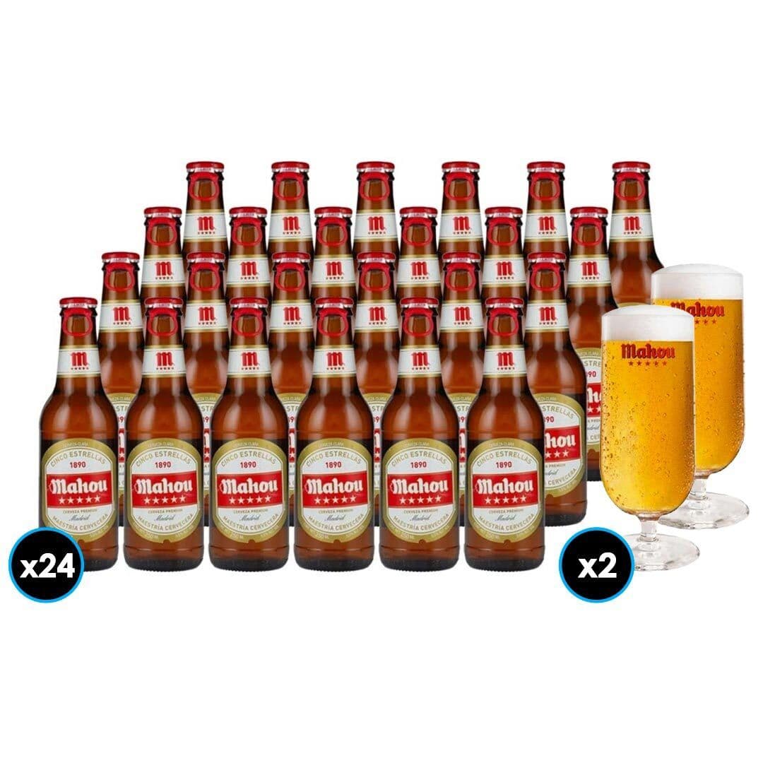PACK MAHOU: 24x Cerveza Mahou 5 Estrellas Botella 330cc + 2x Copa Mahou 330cc_1