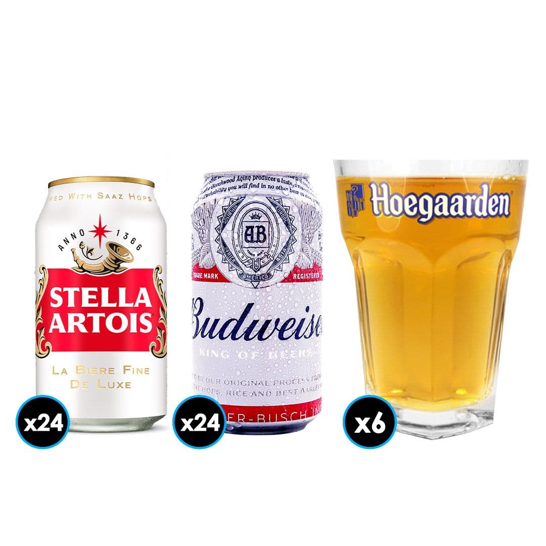 PACK CERVEZA: 24x Cerveza Budweiser en Lata 354cc + 24x Cerveza Stella Artois Lata 354cc + 6x Vaso Vidrio Hoegaarden 500cc_1