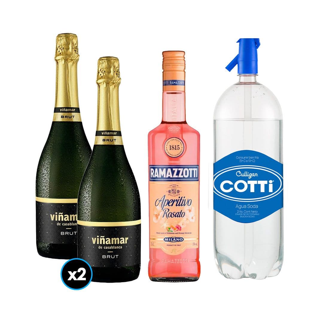 PACK SPRITZ PERFECTO (RAMAZZOTTI - VIÑAMAR): 1x Licor Aperitivo Ramazzotti Rosatto 700cc + 2x Espumante Viñamar Charmat Brut 750cc + 1x Agua Soda Cotti 2 Litros_1