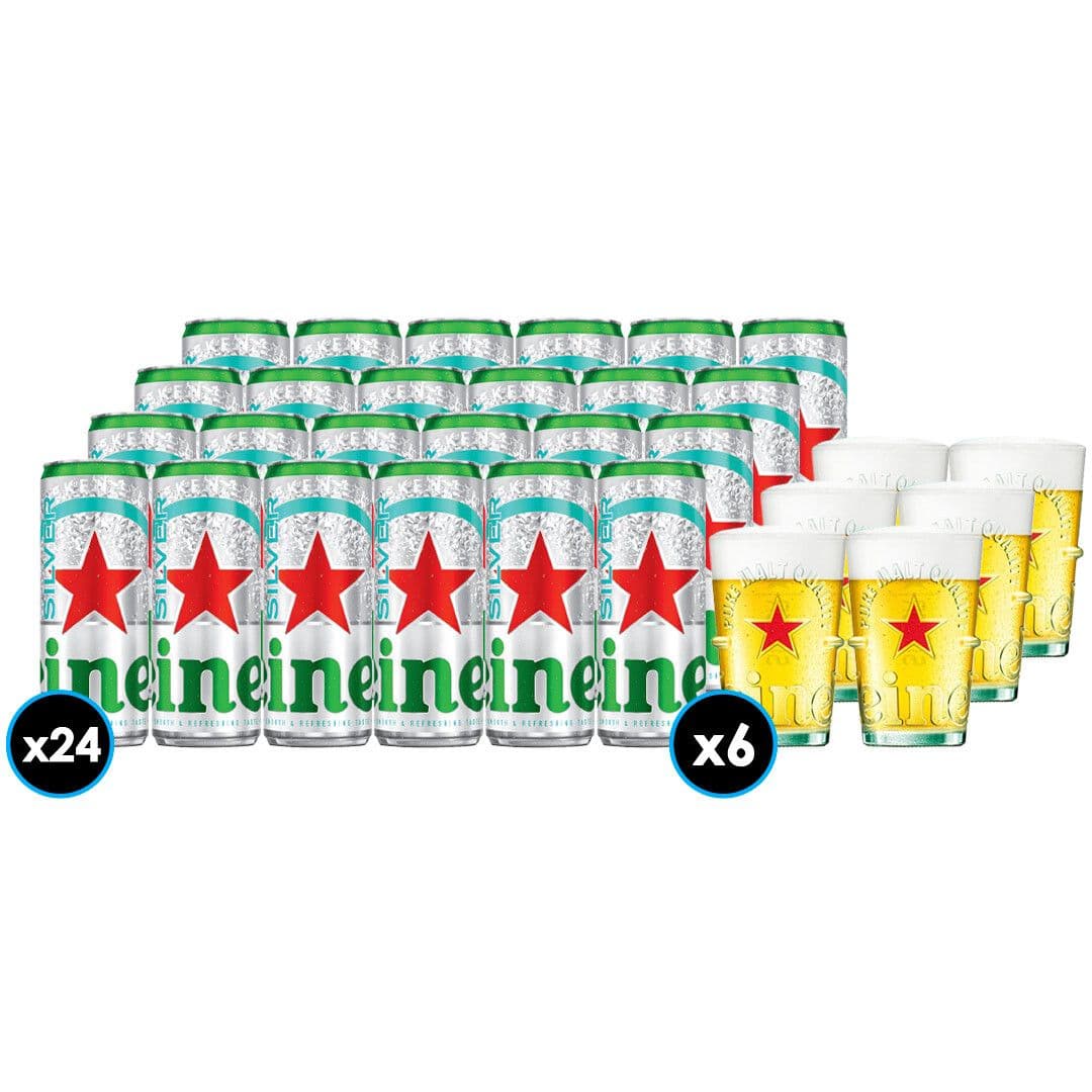 24x Cerveza Heineken Silver lata 470cc + Caja 6 Vasos Vidrio Heineken 350cc_1