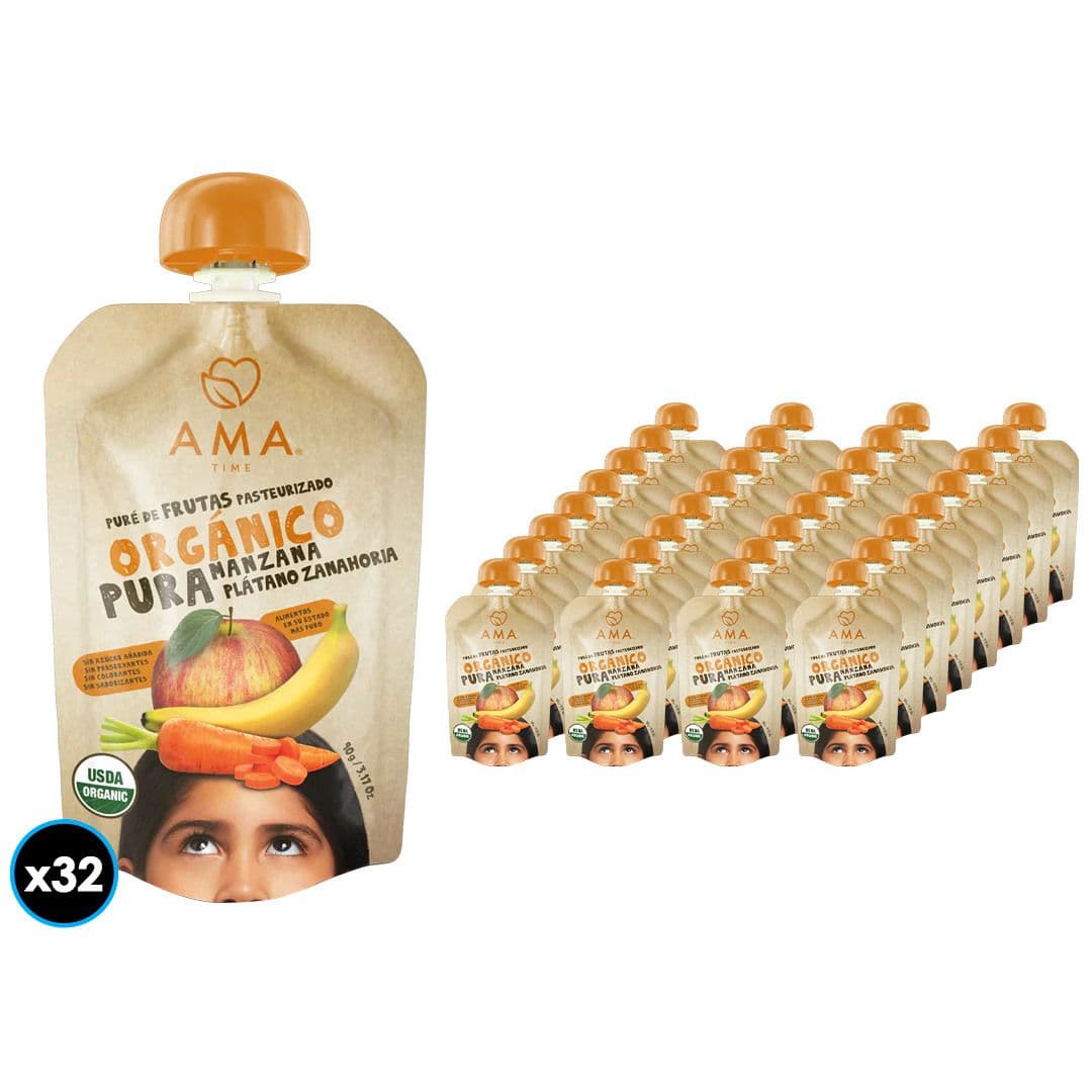 32x Puré Orgánico Ama Manzana-Plátano-Zanahoria 90 gramos_1