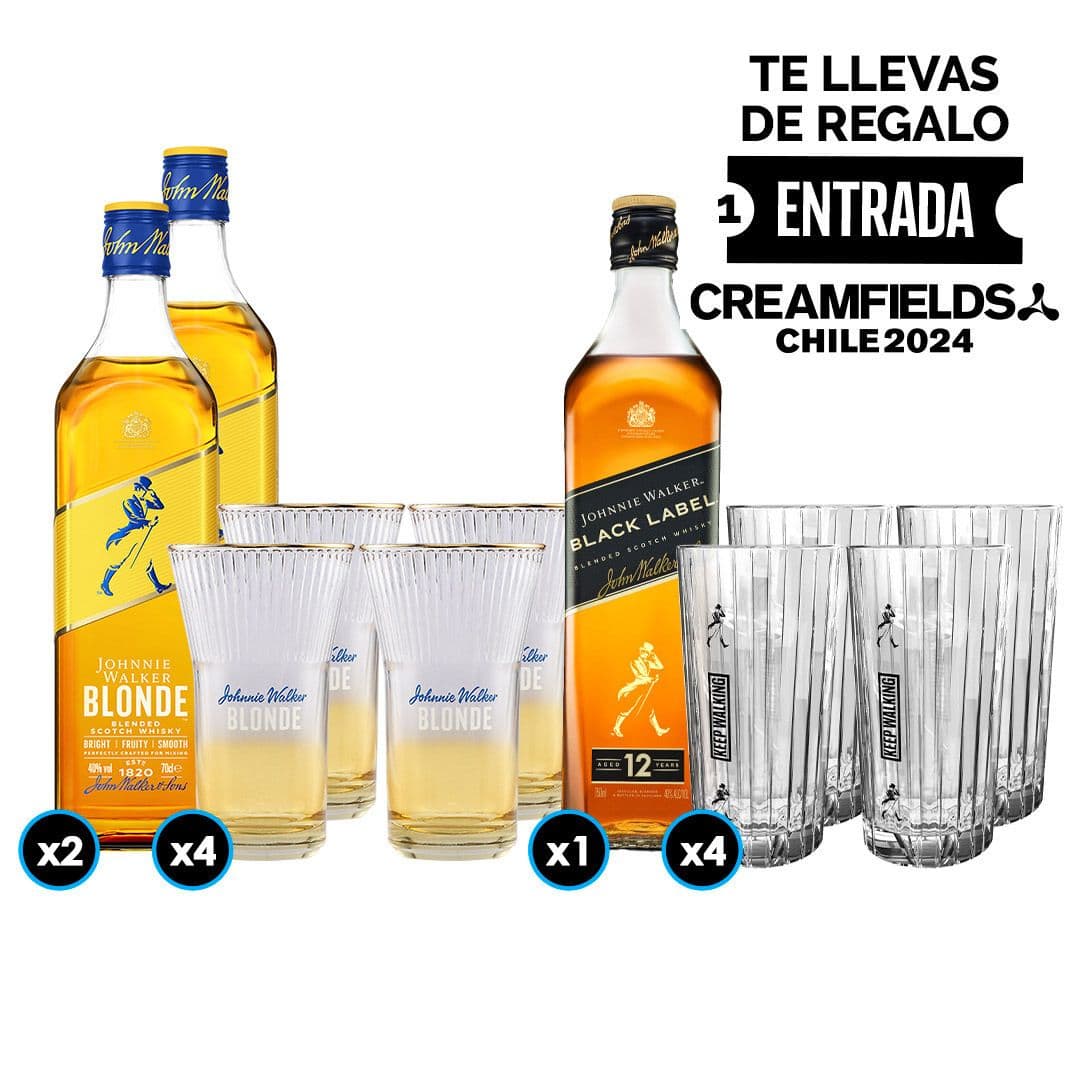 Pack Creamfields Johnnie Walker: 1X Whisky Johnnie Walker Black Label 750cc 40º alc. + 2 Whisky Johnnie Walker Blonde 750cc 40º alc. + 4X Vaso Highball JW Black + 4X Vaso JW Blonde Vidrio_1