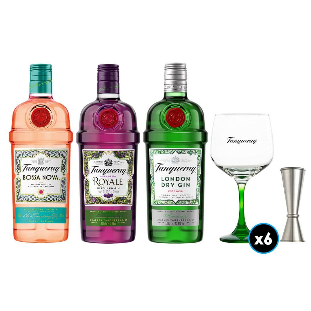 PACK TANQUERAY: 1x Gin Tanqueray 700cc 43.1ºalc+ 1x Gin Tanqueray Bossa Nova 700cc +1x Gin Tanqueray Royale 700cc +6x Copón Vidrio Tanqueray +1x Jigger JW_1