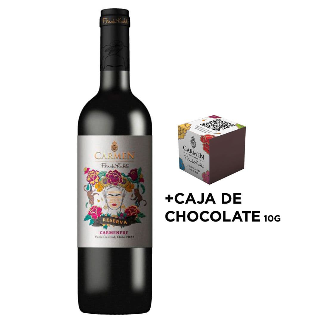 PACK CARMEN FRIDA KAHLO + MINI CAJA DE CHOCOLATE (10gr): 1x Vino Carmen Reserva Frida Kahlo Carmenere 750cc + 1x Mini Caja Chocolate Carmen Frida Kahlo (10gr)_1
