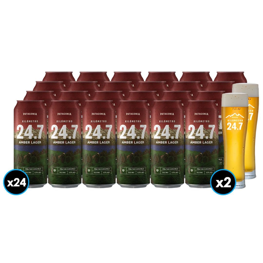 PACK CERVEZA KM 24.7 + 2 VASOS: 24x Cervezas KM 24.7 Amber Lager en Latas 473cc + 2x Vaso KM24.7 500cc_1