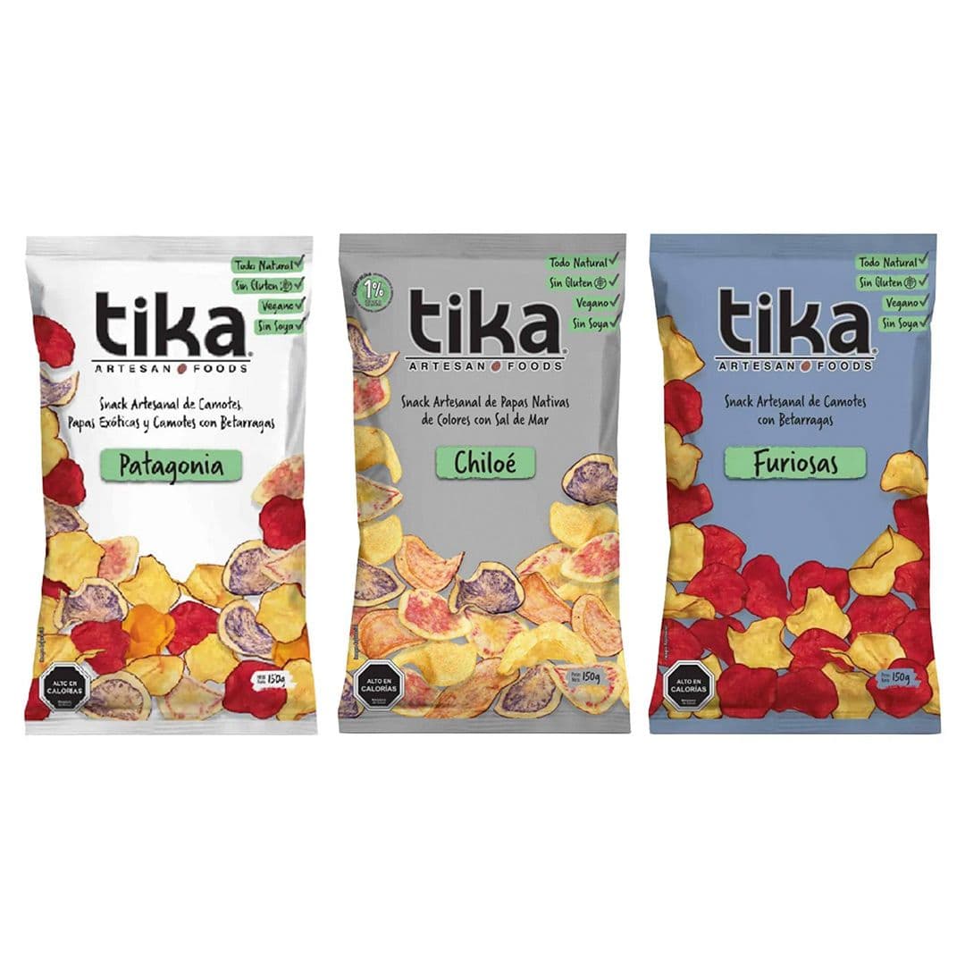 TRIO TIKA CHIPS NATURALES: 1x Papas Tika Chips Naturales Patagonia 150 grs. + 1x Papas Tika Chips Naturales Furiosas 150 grs. + 1x Papas Tika Chips Naturales Chiloé 150 grs._1