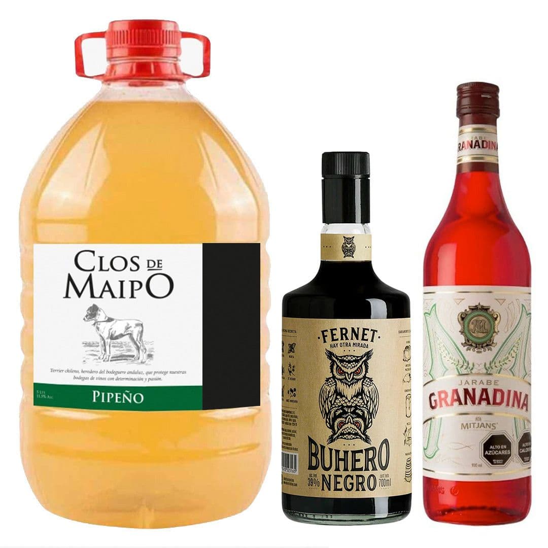 Pack Terremoto 2: Pipeño Clos de Maipo Bidón 5 Litros + Fernet Buhero Negro 700cc 39°alc. + Granadina Montpellier 750cc_1