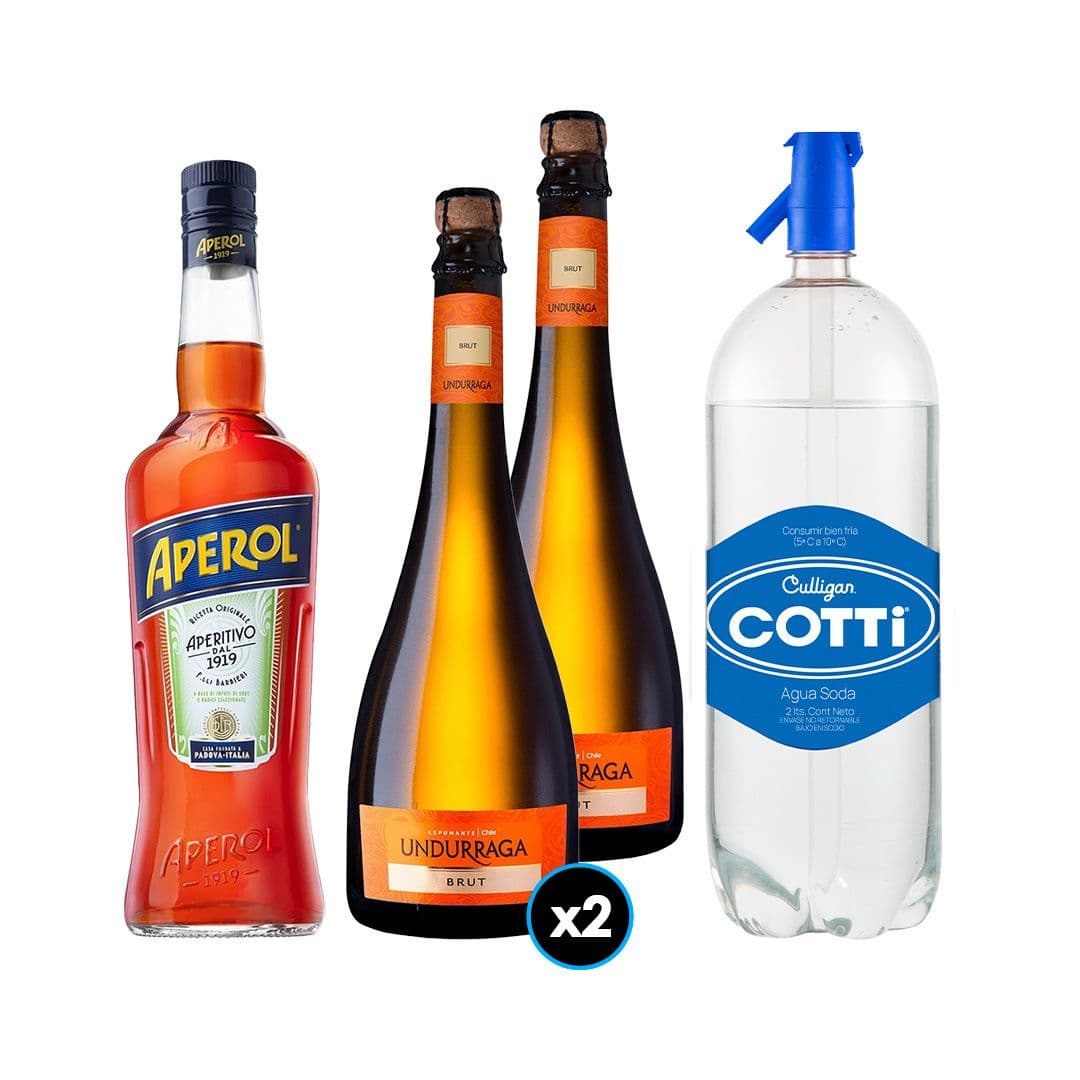 PACK SPRITZ PERFECTO (APEROL - UNDURRAGA): 1x Licor Aperitivo Aperol 750cc + 2x Espumante Undurraga Brut 750cc + 1x Agua Soda Cotti 2 Litros_1