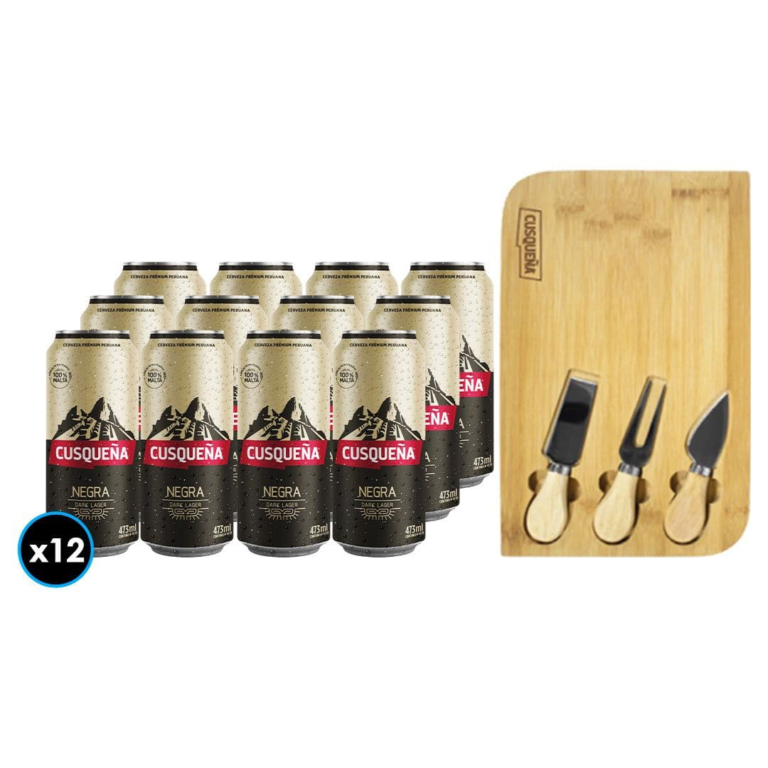 PACK CUSQUEÑA: 12X Cerveza Cusqueña Negra Lata 473cc +1x Tabla Picoteo Cusqueña_1