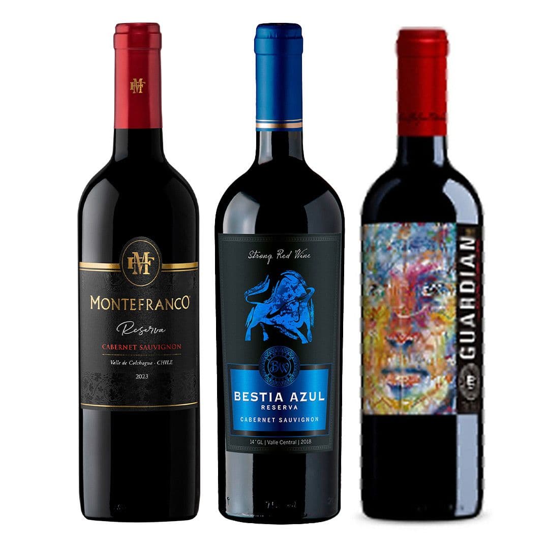 PACK 3 RESERVAS: Vino MonteFranco Reserva Cabernet Sauvignon 750cc + Vino Bestia Azul Cabernet Sauvignon 750cc + Vino Guardián Reserva Red Blend 750cc_1