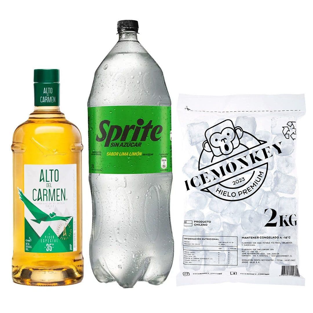 PROMO ALTO LITRO + SPRITE ZERO 3LTS + HIELO: Pisco Alto del Carmen 35 grados 1 Litro + Bebida Sprite Sin Azúcar 3 L + Hielo Ice Monkey 2 kg._1