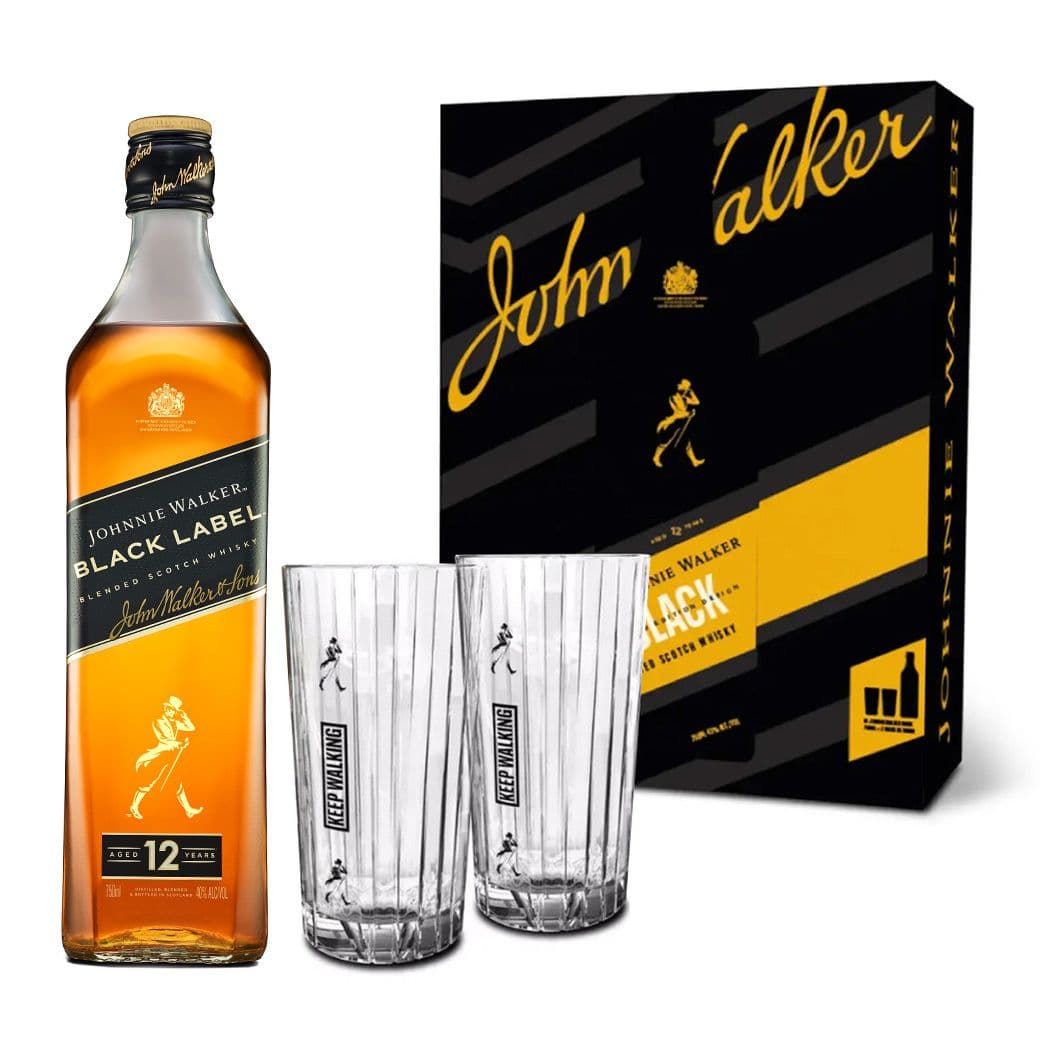 KIT JOHNNIE WALKER BLACK + VASOS: Whisky Johnnie Walker Black Label 750cc 40º alc. + 2x Vasos JW_1