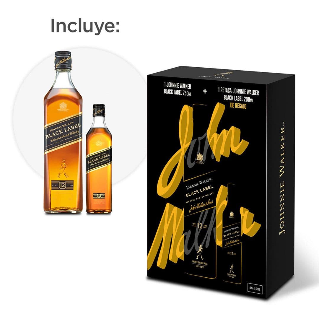 KIT WHISKY JOHNNIE WALKER BLACK LABEL 750cc + PETACA JOHNNIE WALKER BLACK LABEL 200cc_1