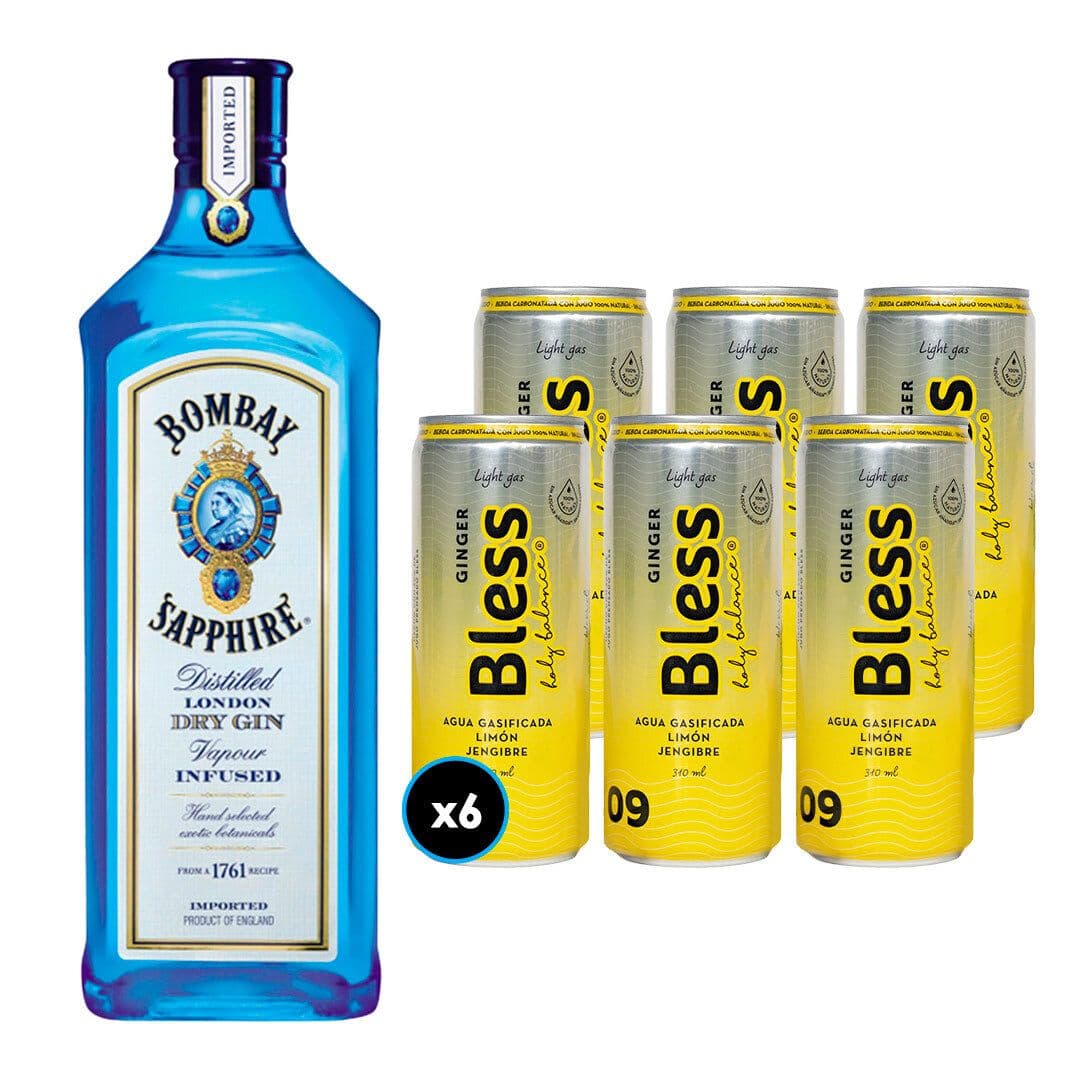 6x Agua Bless Limón y Jengibre con Gas 310cc + Gin Bombay Sapphire 750cc 40º alc._1