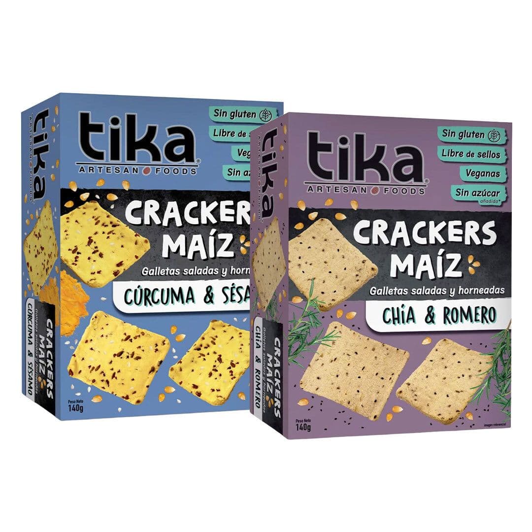 PACK GALLETAS TIKA CRACKERS: 1x Galletas Tika Crackers Cúrcuma y Sésamo 140 grs. + 1x Galletas Tika Crackers Chía y Romero 140 grs._1