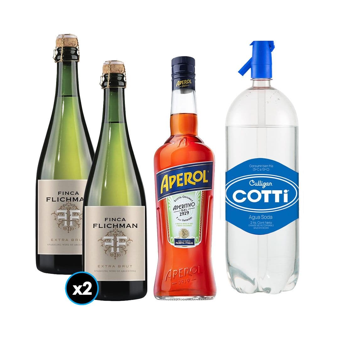 PACK SPRITZ PERFECTO (APEROL - FINCA FLICHMAN): 1x Licor Aperitivo Aperol 750cc + 2x Espumante Finca Flichman Extra Brut 750cc + 1x Agua Soda Cotti 2 Litros_1