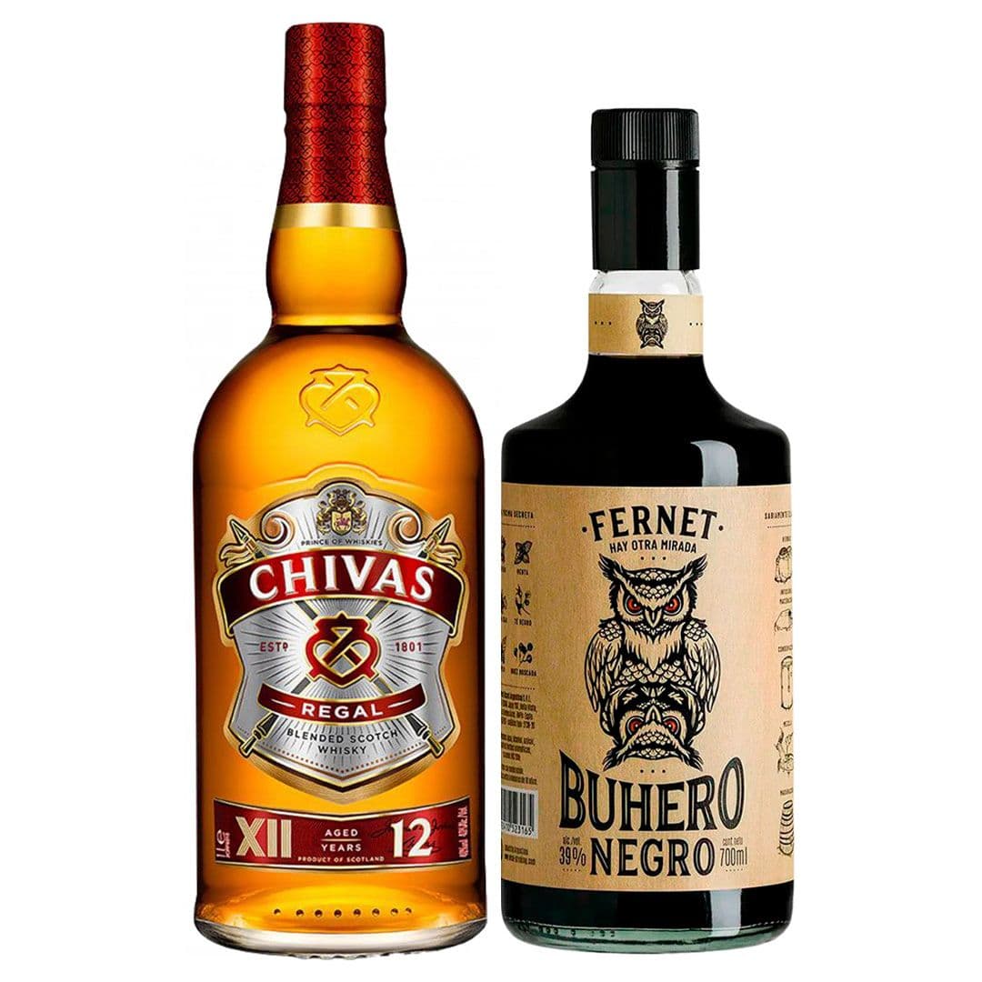 PACK FERNET + CHIVAS LITRO: Fernet Buhero Negro 700cc 39°alc. + Whisky Chivas Regal 12 años 750cc 40º alc._1