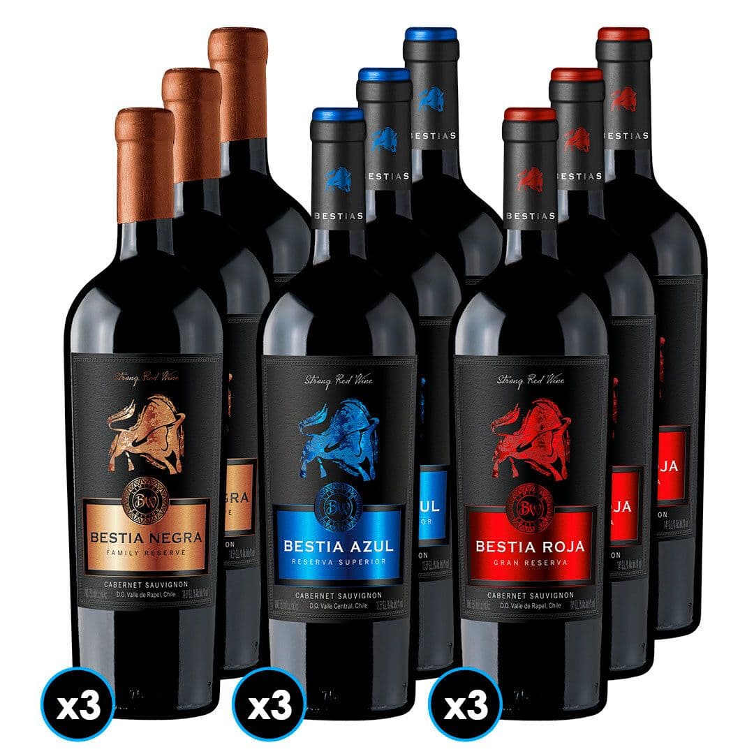 PACK BESTIAS: 3x Vino Bestia Azul Cabernet Sauvignon 750cc + 3x Vino Bestia Negra Cabernet Sauvignon 750cc + 3x Vino Bestia Roja Cabernet Sauvignon 750cc_1