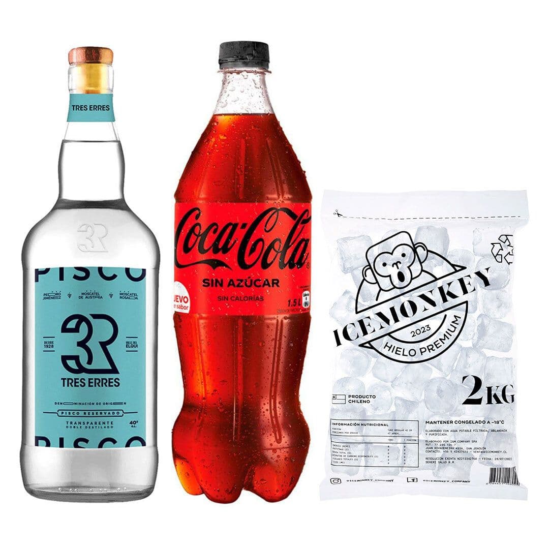 PROMO 3R TRANSPARENTE 750cc + BEBIDA ZERO 1500cc + HIELO: Pisco Tres Erres Transparente 750cc 40º alc. + Hielo Ice Monkey 2 kg._1