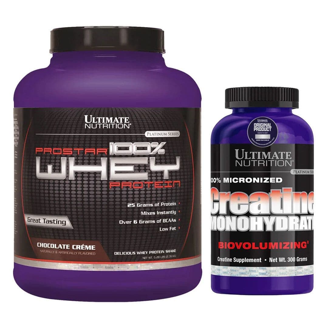 DÚO ULTIMATE NUTRITION (Chocolate): 1x Proteína Prostar 100% Whey Chocolate 5 lb + 1x Creatina Monohidratada Ultimate Nutrition 300 grs_1