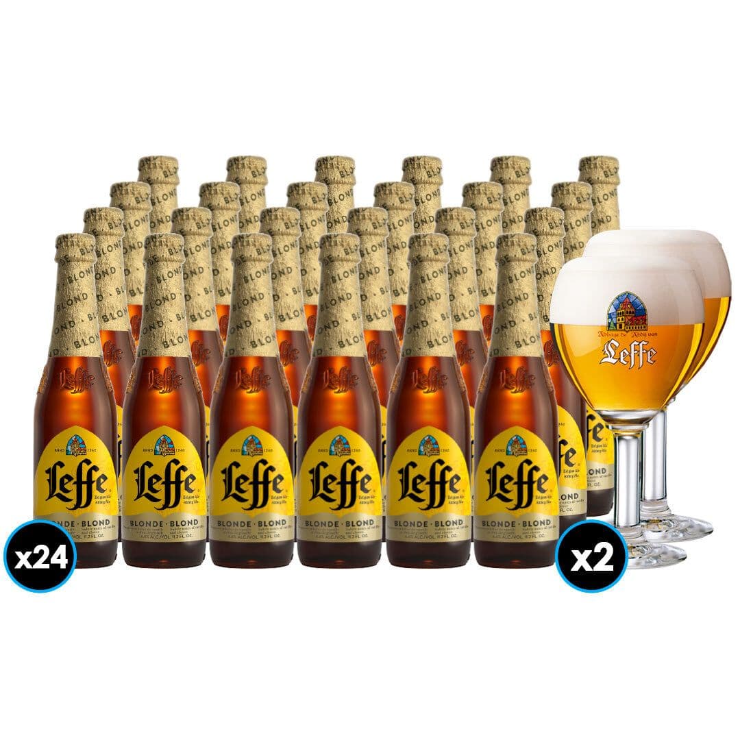 PACK CERVEZA LEFFE + 2 COPAS: 24x Cervezas Leffe Blond en Botella 330cc + 2 copas Leffe_1