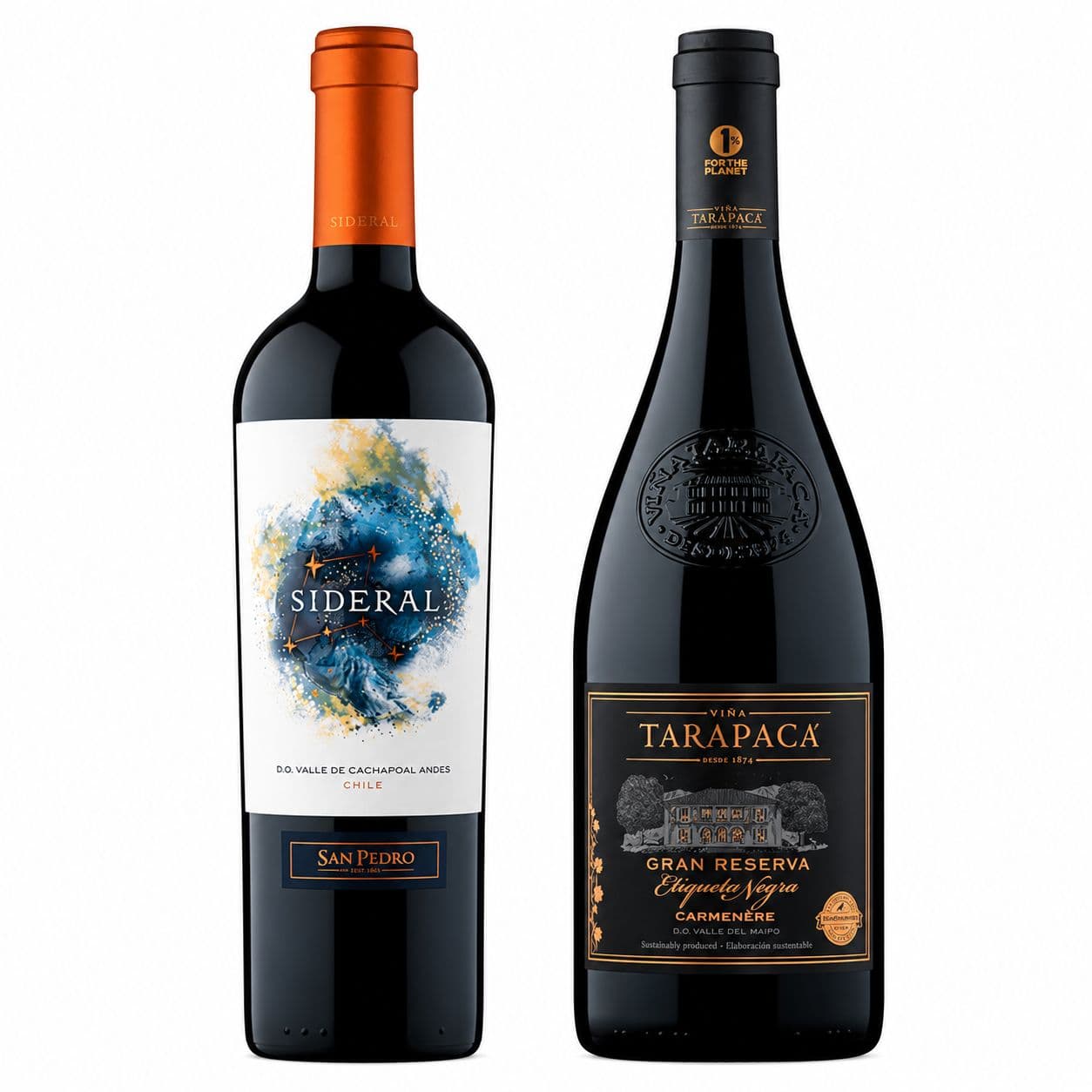 GRAN DUO PREMIUM TARAPACÁ - SIDERAL: 1x Vino Tarapacá Etiqueta Negra Carmenere 750cc + 1x Vino Sideral Blend 750cc_1