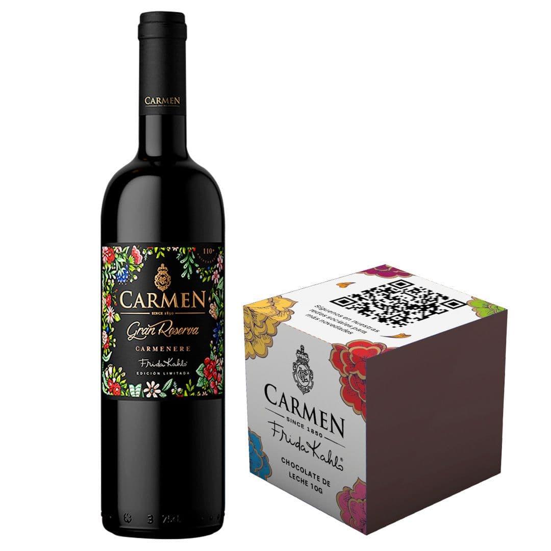 PACK CARMEN FRIDA KAHLO GR + CAJA CHOCOLATE: 1x Vino Carmen Gran Reserva Frida Kahlo Carmenere 750cc + 1x Caja Chocolate Carmen Frida Kahlo_1