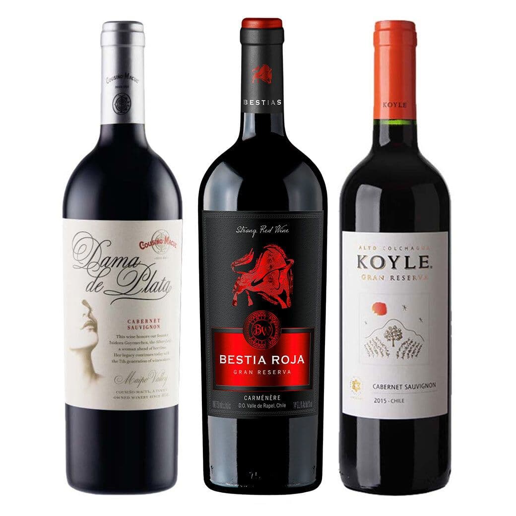 PACK GRAN RESERVA Nº11: 1x Vino Dama de Plata de Cousiño Macul Cabernet Sauvignon 750cc + 1x Vino Bestia Roja Gran Reserva Carmenere 750cc 1x Vino Koyle Gran Reserva Cabernet Sauvignon 750cc_1