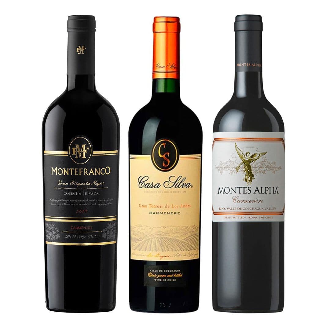 1x Vino MonteFranco Gran Etiqueta Negra Carmenere 750cc + 1x Vino Casa Silva Gran Terroir Carmenere 750cc + 1x Vino Montes Alpha Carmenere 750cc_1