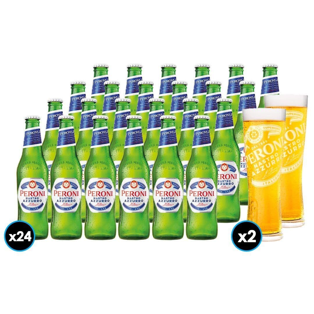 24x Cerveza Peroni Nastro Azzurro Botella 330cc + 2x Vaso Schop Peroni_1