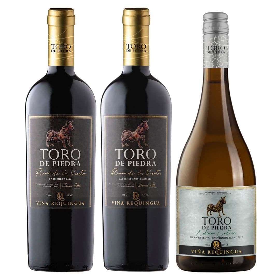 PACK TORO DE PIEDRA RINCIÓN DE LOS VIENTOS: 1X Vino Toro de Piedra Rincón de los Vientos Carmenere 750cc + 1X Vino Toro de Piedra Rincón de los Vientos Cabernet Sauvignon 750cc + 1X Vino Toro de Piedra Edición Costera Sauvignon Blanc 750cc_1