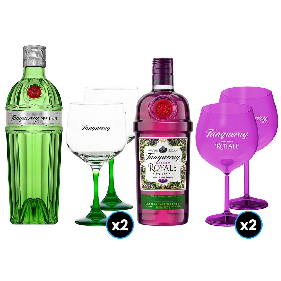 PACK TANQUERAY: 1x Gin Tanqueray N°10 750cc + 2x Copa Vidrio Tanqueray + 1x Gin Tanqueray Royale 700cc + 2x Copa Acrilica Royal_1