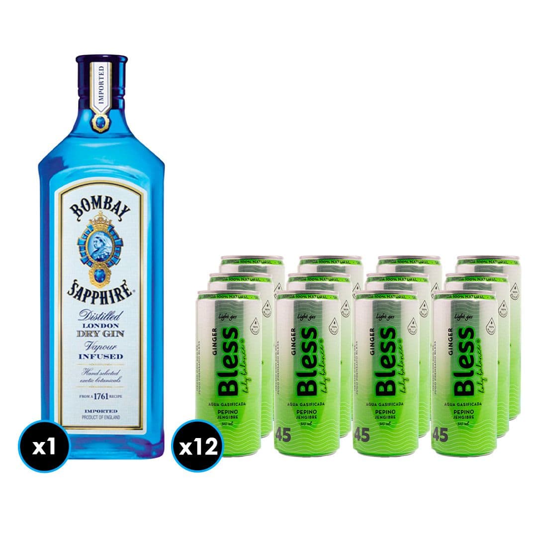 Pack Gin Bombay Sapphire 750cc 40º alc. + 12x Agua Bless Pepino y Jengibre con Gas 310cc_1